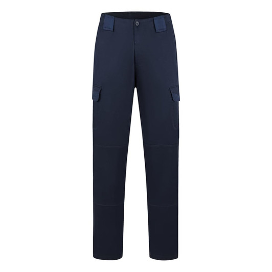Navy utility pants featuring pockets and a modern design, suitable for workwear. Includes a logo on the waistband.