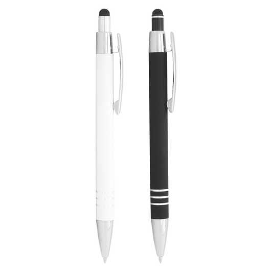 Two ballpoint pens with stylus tips, one in white and the other in black, featuring silver accents and a logo.