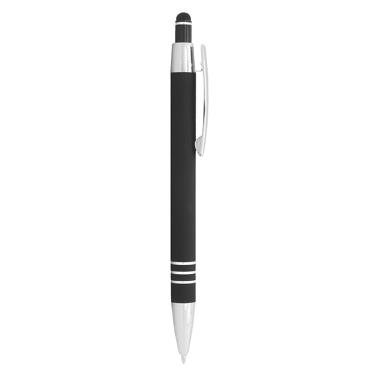 A black ballpoint pen with a stylus tip and silver accents, featuring a clip and two decorative rings.
