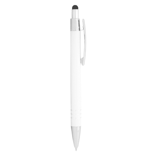 A white ballpoint pen with a silver clip and a black stylus tip, featuring a branding logo.