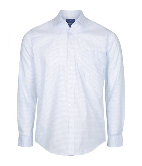 A button-up shirt featuring a light blue mini check pattern and a single chest pocket, with a branded label.