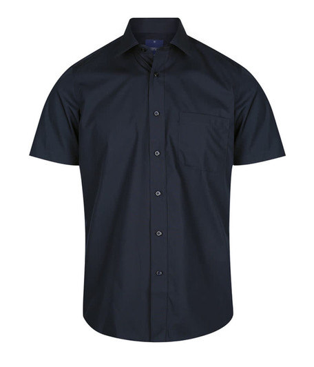 A navy blue button-up shirt with short sleeves and a chest pocket. It features a front button closure and a logo.