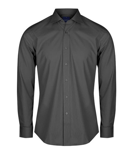 A dark grey button-up shirt with long sleeves and a collar, featuring a subtle logo.