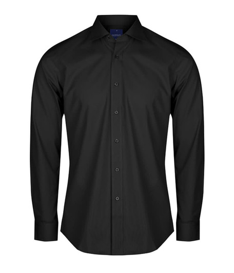 A long-sleeve black button-up shirt with a classic collar and front button closure, featuring a logo.