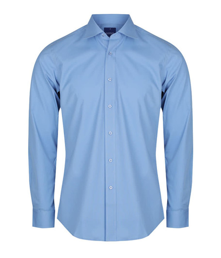 A light blue button-up shirt with long sleeves and a collar, featuring a logo.