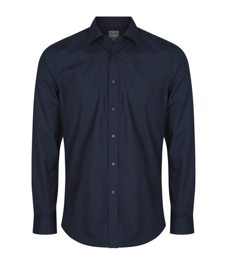 A button-up shirt in a dark navy colour with a slim fit and long sleeves, featuring a branded label.