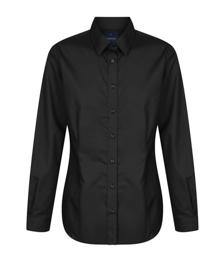 A black button-up shirt with long sleeves and a pointed collar. The shirt features a logo on the chest area.
