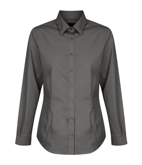 A button-up shirt in dark grey with long sleeves and a classic collar, featuring a button front and a branded logo.