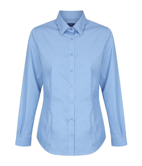 A light blue button-up shirt with long sleeves and a collar. The shirt features a logo on the chest.