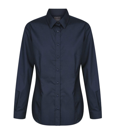 A button-up shirt in deep navy blue with a collar and long sleeves, featuring a branding label.