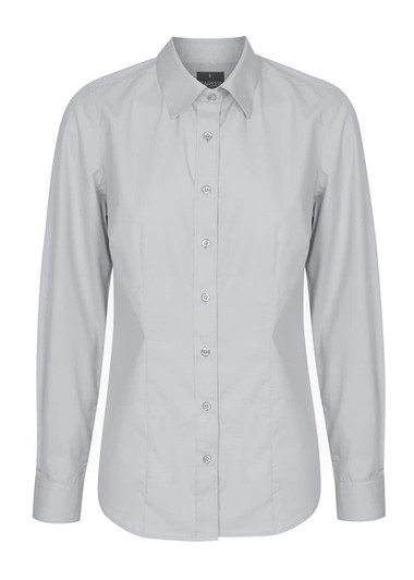 A light grey button-up shirt with long sleeves and a collar, featuring a branding logo.
