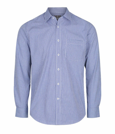 A blue and white checked button-up shirt with long sleeves and a chest pocket, featuring a logo.