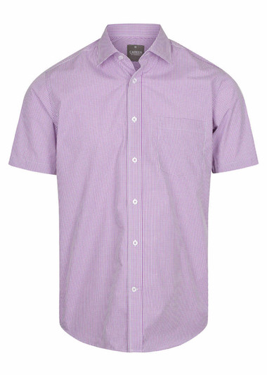 A short-sleeved button-up shirt in a purple and white gingham pattern, featuring a single chest pocket.