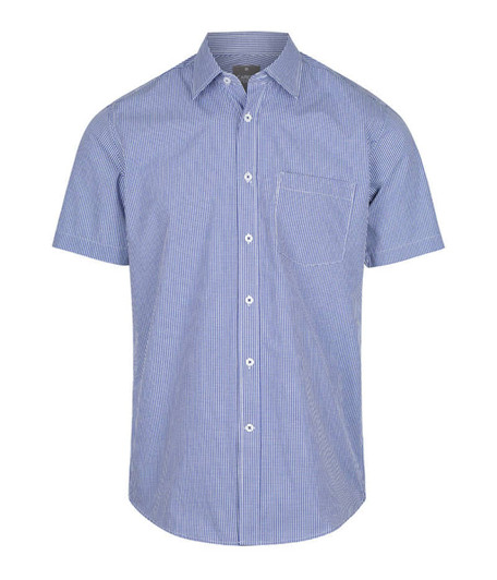 A blue and white checkered button-up shirt with short sleeves and a collar, featuring a logo.