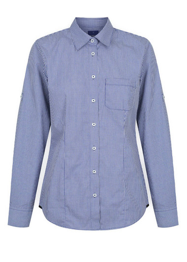 A button-up shirt in blue and white gingham pattern with a chest pocket and long sleeves. Features a logo.