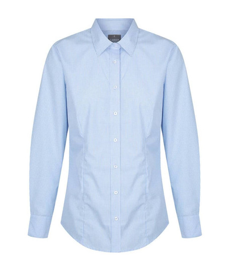 A light blue gingham button-up shirt with long sleeves and a collar, featuring a logo on the chest.