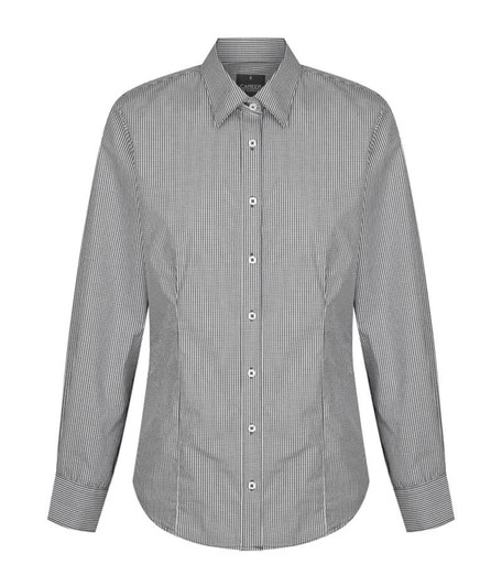 A button-up shirt in black and white gingham pattern with a classic collar and long sleeves. It has a branding logo.