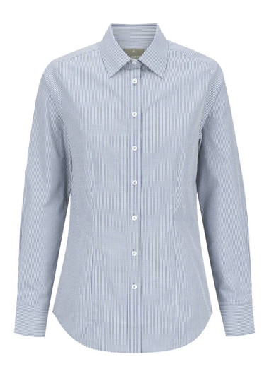 A button-up shirt featuring a blue and white gingham pattern, with long sleeves and a pointed collar. It has a logo.