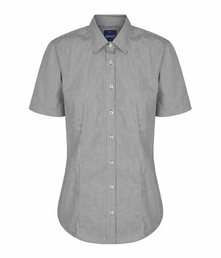 A button-up shirt featuring a black and white gingham pattern with short sleeves and a curved hem. It has a logo on the label.