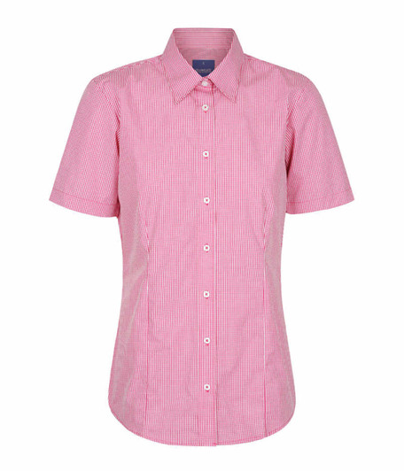 A pink and white gingham button-up shirt featuring short sleeves and a collared neckline. It has a branding logo.
