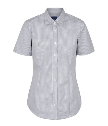 A short-sleeved button-up shirt in a blue and white gingham pattern, featuring a collar and front buttons.