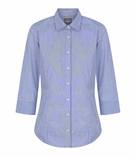 A button-up shirt in blue and white gingham pattern, featuring a collar and three-quarter sleeves.