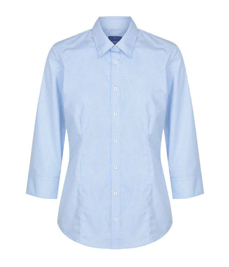 A light blue button-up shirt featuring a gingham pattern and three-quarter sleeves. It includes a logo on the collar.
