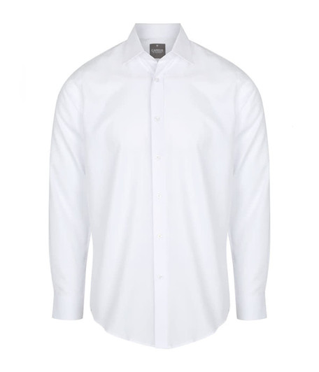 A white button-up shirt with long sleeves, featuring a classic collar and a logo on the label.