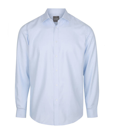 A light blue button-up shirt with long sleeves and a collar, featuring a logo on the label.