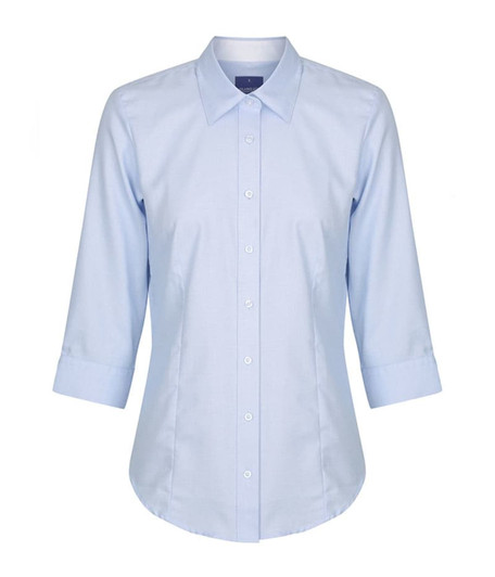 A light blue button-up shirt with three-quarter sleeves and a collar. It features a logo on the chest area.