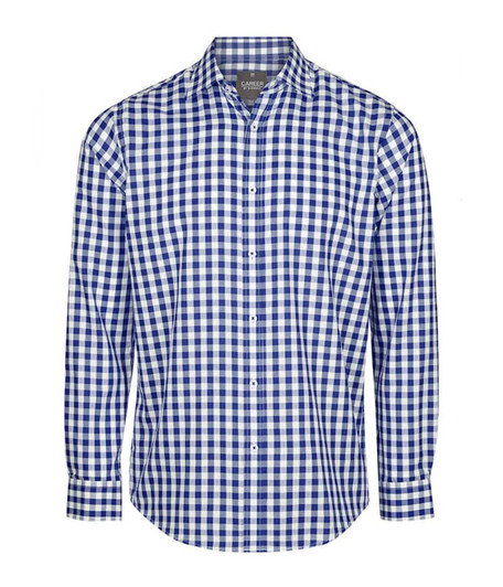 A button-up shirt featuring a blue and white check pattern, long sleeves, and a classic collar.