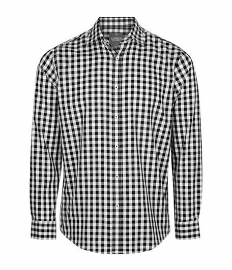 A button-up shirt featuring a black and white check pattern with long sleeves and a collar. It has a logo on the label.