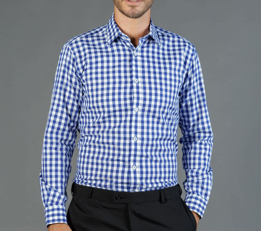 A button-up shirt with a blue and white checked pattern, featuring long sleeves and a collar.