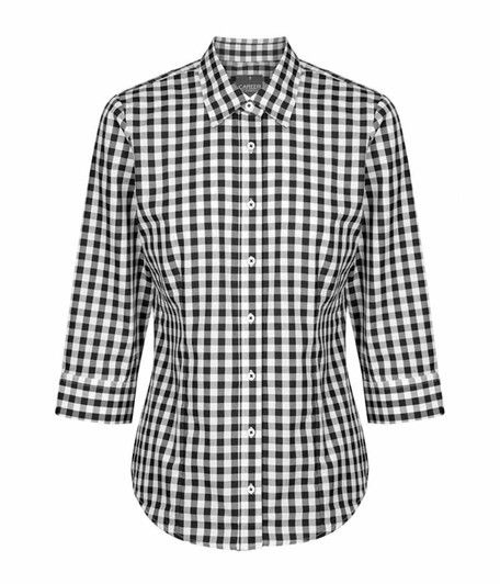 A black and white checkered button-up shirt with three-quarter sleeves and a collar. It features a logo on the inside.