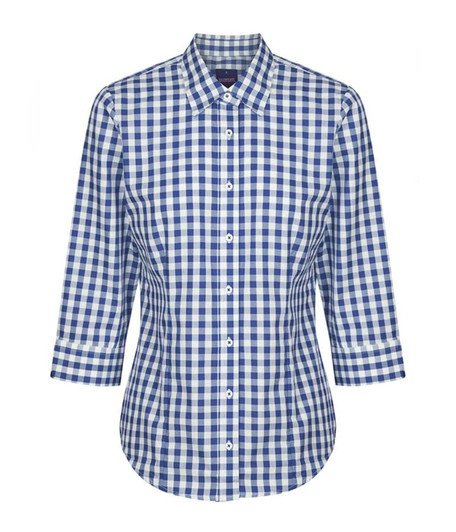 A blue and white checkered button-up shirt with three-quarter sleeves and a collar. Features a logo on the side.