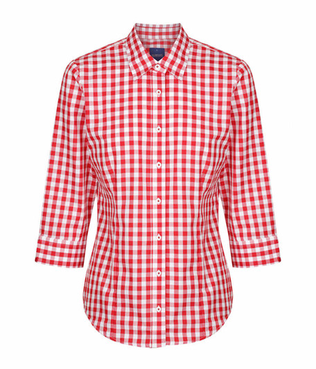A red and white checkered button-up shirt with three-quarter sleeves and a collar. It has a logo on the chest.