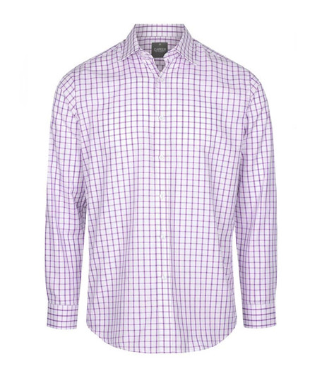 A button-up shirt featuring a purple and white check pattern, with a collar and long sleeves. It has a logo.