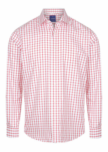 A button-up shirt featuring a red and white checkered pattern, with long sleeves and a collared neck.