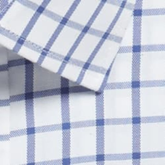 A button-up shirt featuring a blue and white check pattern with a collar. It has a subtle, stylish design.