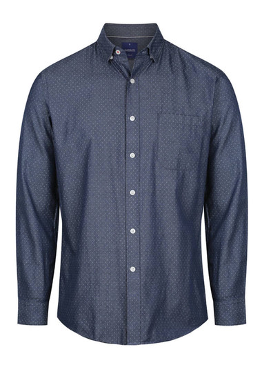 A button-up shirt in dark blue chambray with a subtle pattern and a chest pocket. It features a collar and long sleeves.