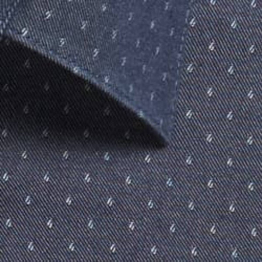 A dark navy chambray fabric featuring small, light-coloured patterns and a collar edge. It includes a logo.