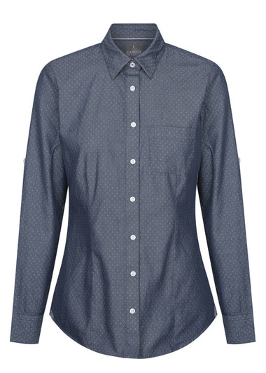 A button-up shirt in navy chambray with a subtle pattern, featuring long sleeves and a chest pocket.