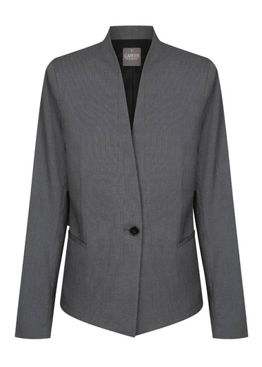 A grey cardigan jacket featuring a single button closure and two front pockets, with a subtle textured pattern.