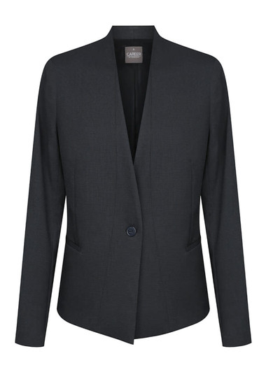 A dark green cardigan jacket with a single button closure and a structured design. It features a logo on the inside.
