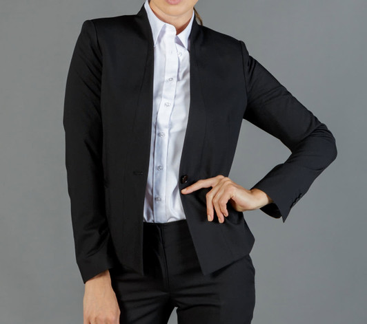 A black cardigan jacket featuring a fitted design and a single button closure. The model wears a collared white shirt underneath.