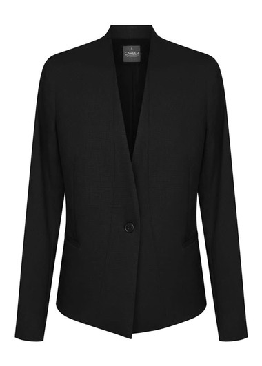 A black cardigan jacket featuring a single button closure and a tailored silhouette, with pockets on the front.