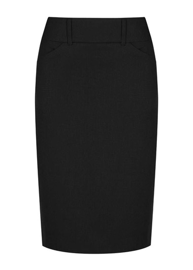 A fitted black skirt with a smooth texture and subtle detailing on the waist. It features two front pockets and branding.