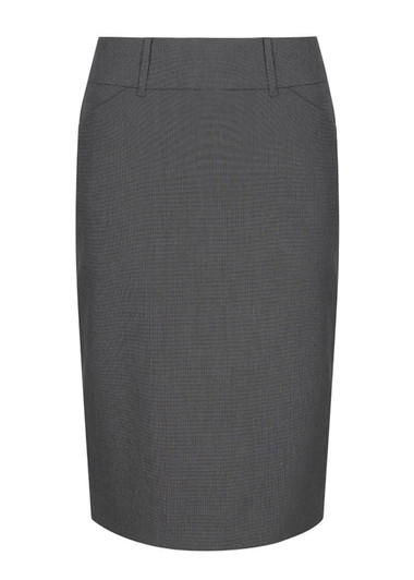 A grey pencil skirt with a fitted design and subtle pattern, featuring a waistband and no visible embellishments.