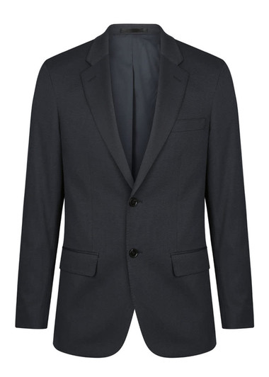 A dark grey jacket featuring a notched lapel, two front pockets, and a two-button fastening. It has a logo on the interior.