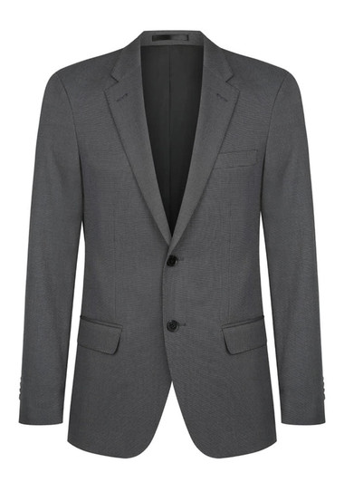 A grey jacket featuring a notch lapel, two front pockets, and a single chest pocket. It has a branded label inside.